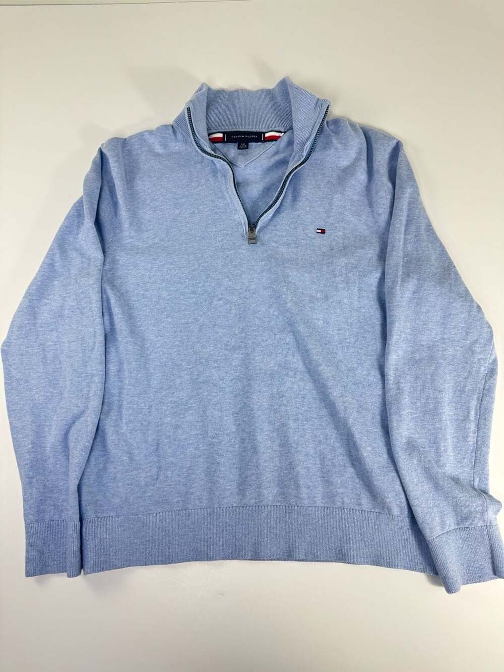 Tommy Hilfiger Men's Large Light Blue 100% Cotton Quarter-Zip Pullover Sweater